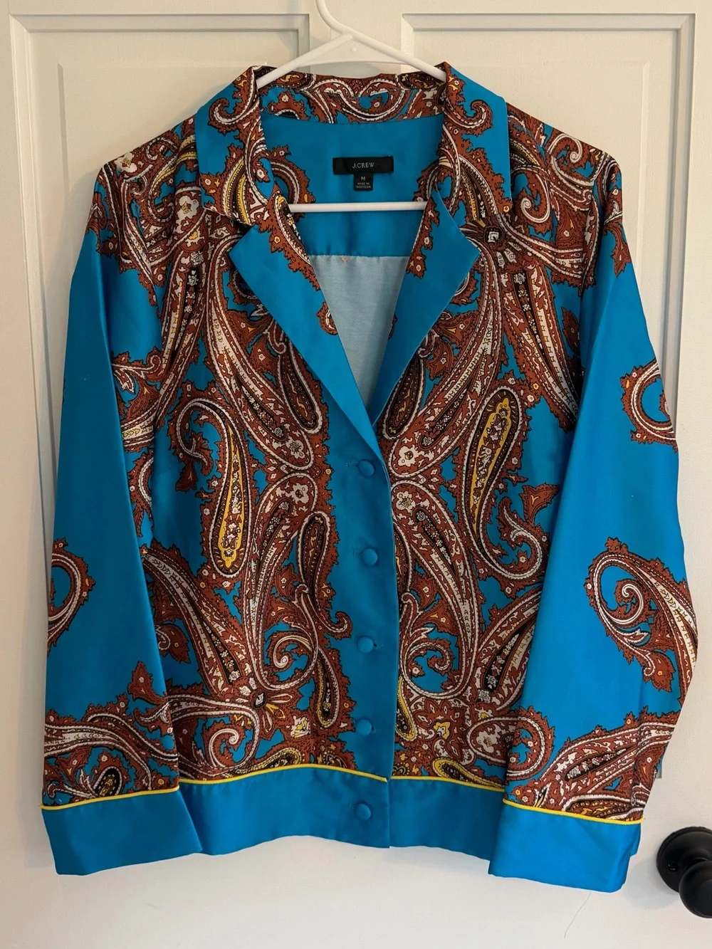 J Crew Drapey Paisley Button Up Shirt Blue Yellow Trim Medium